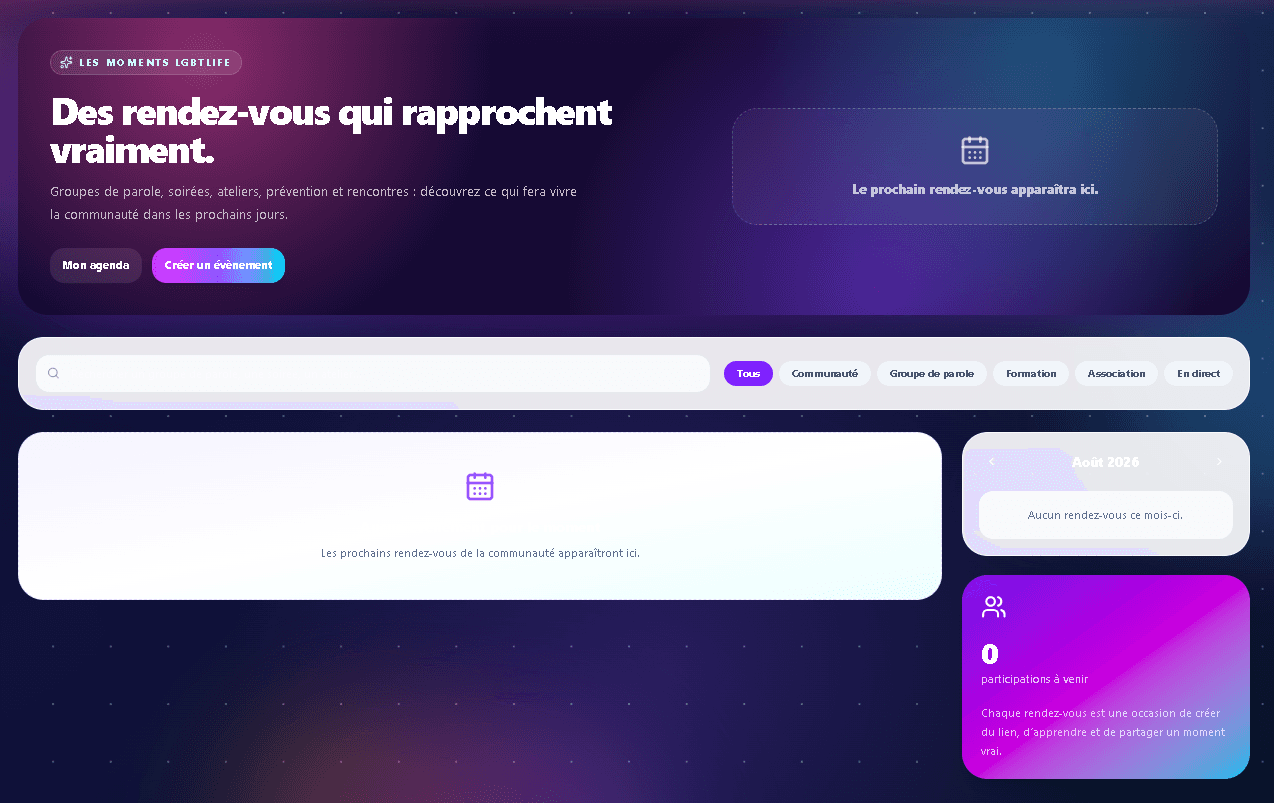 Aperçu de l'espace Événements
