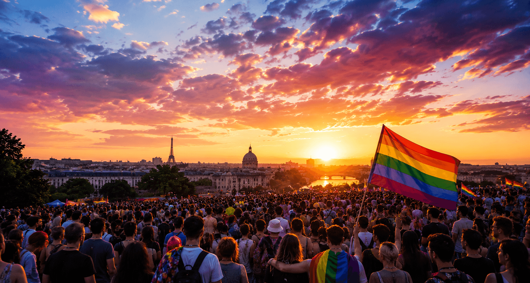 Rassemblement LGBT+ au coucher du soleil